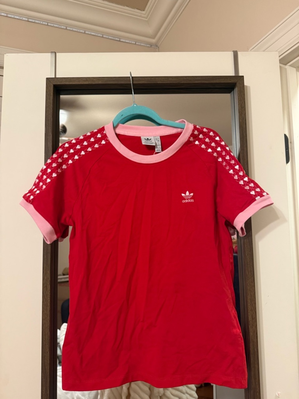adidas Red with Pink Trim Kids Trefoil Ringer Tee